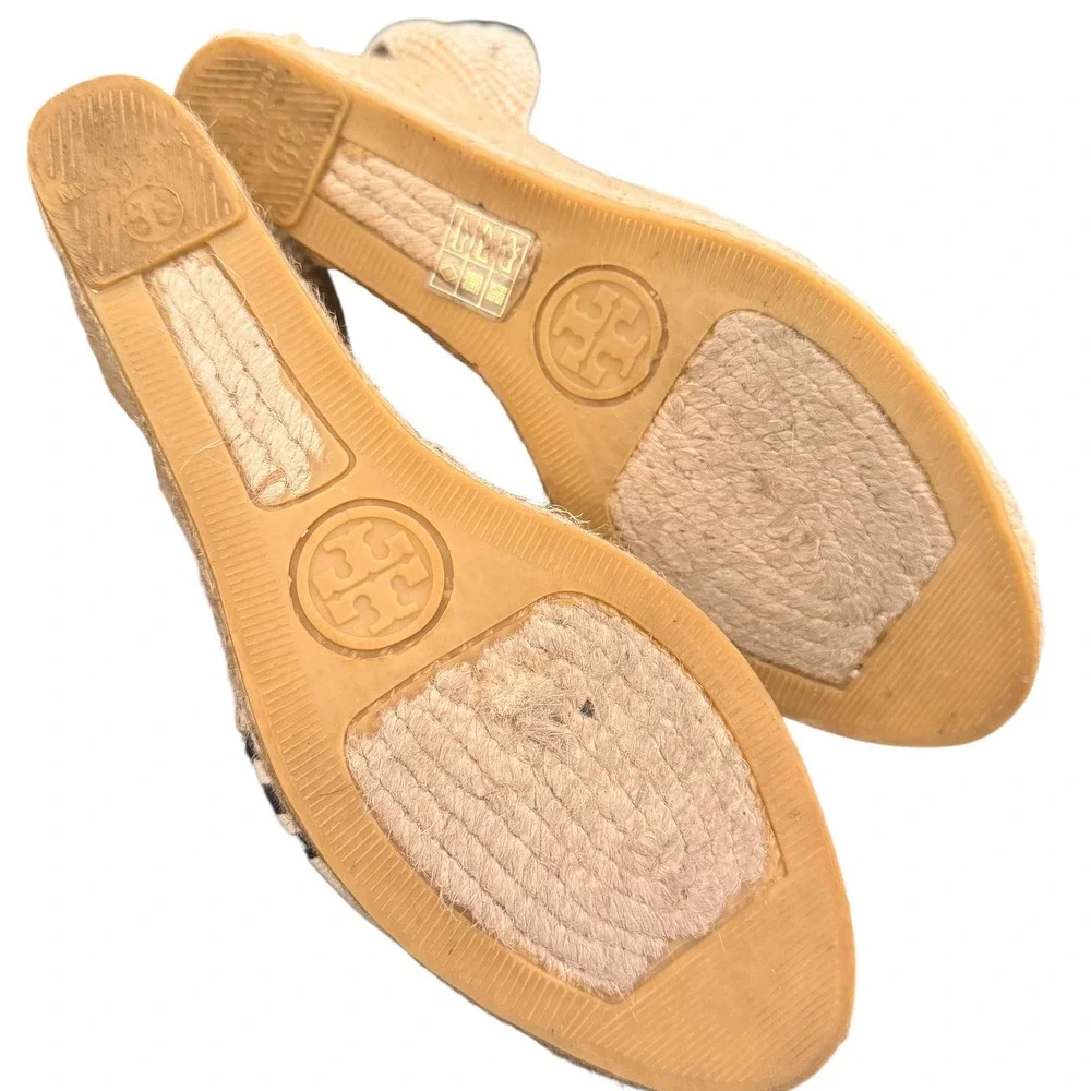 Tory Burch Wedge Espadrille Lace Up Ankle Strap 38 Geometric Canvas Resortwear